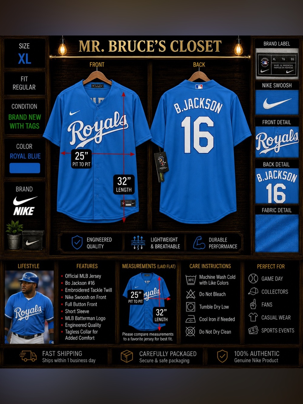 Nike Royals Blue Bo Jackson #16 Baseball Jersey